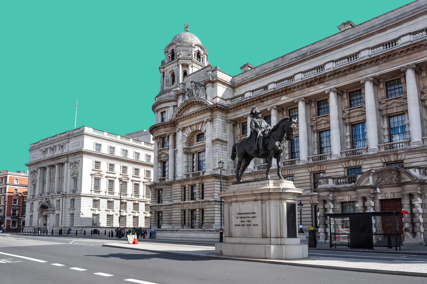 A neoclassical government building in Whitehall, London, with an equestrian statue in the foreground under a digitally altered turquoise sky.