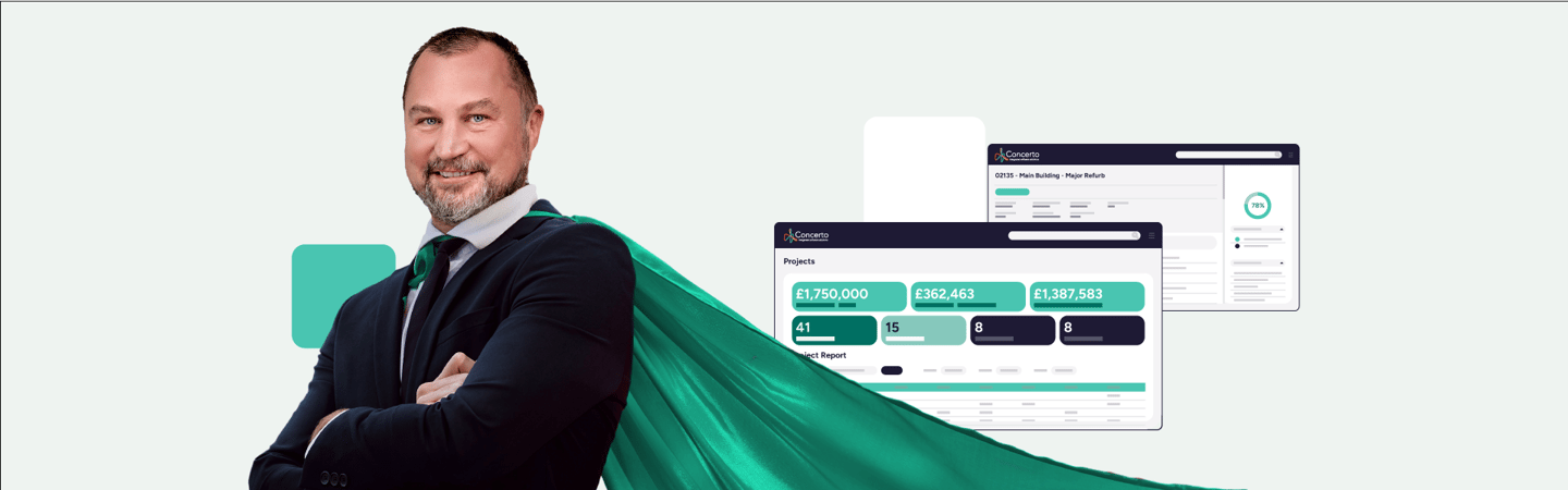 Smiling man in a suit with a superhero cape, standing confidently in front of digital dashboards from Concerto software showing estate management metrics.