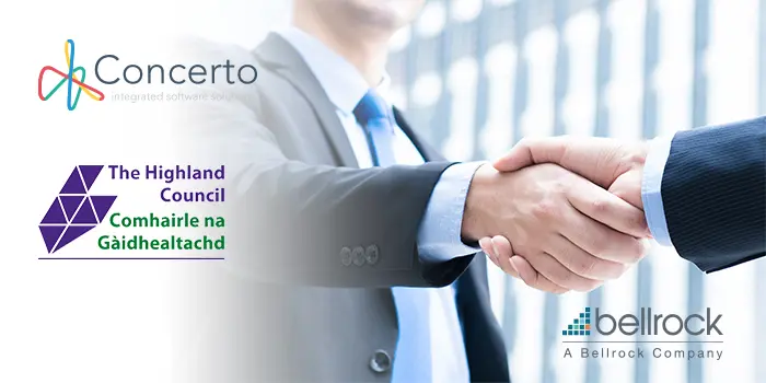 The Highland Council logo, Concerto logo and Bellrock logo over handshake.