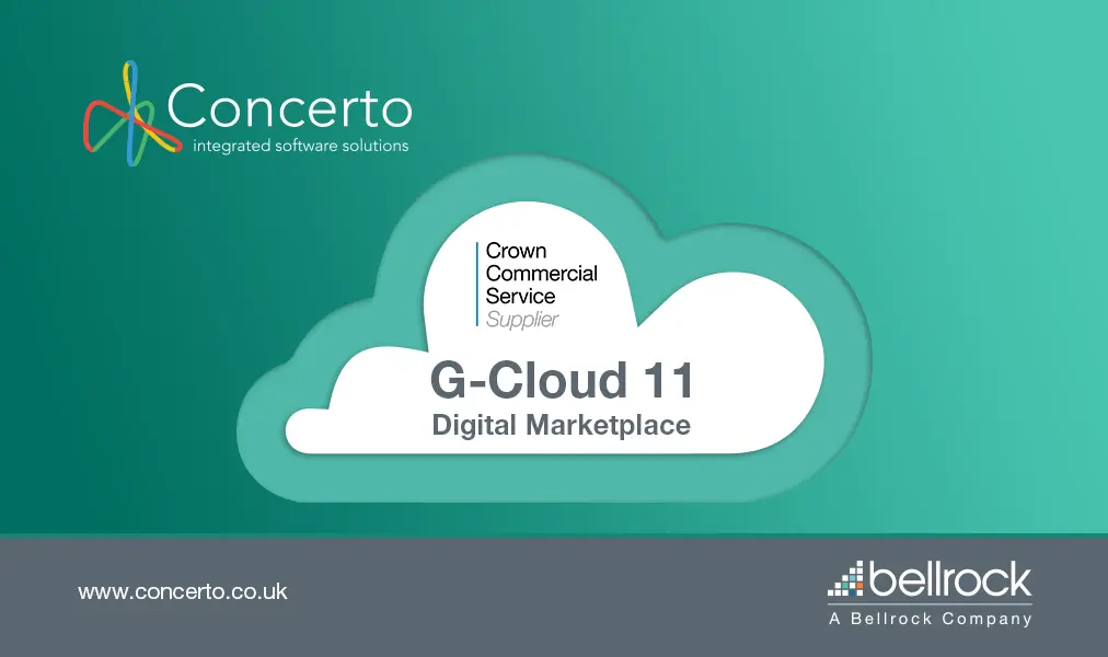 G-Cloud 11 logo with Concerto logo and Bellrock logo over a cartoon cloud.
