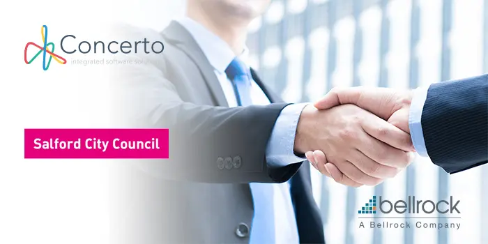 Salford City Council logo, Concerto logo and Bellrock logo over handshake.